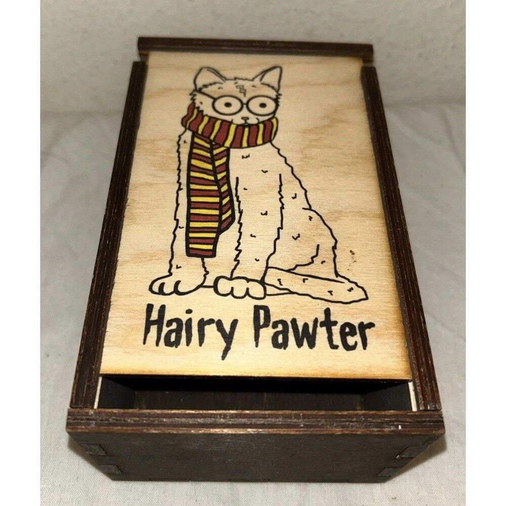 Hairy Pawter Wooden Box 6x4x3 Laser Engraved Harry Potter Cat Pun Stash Keepsake